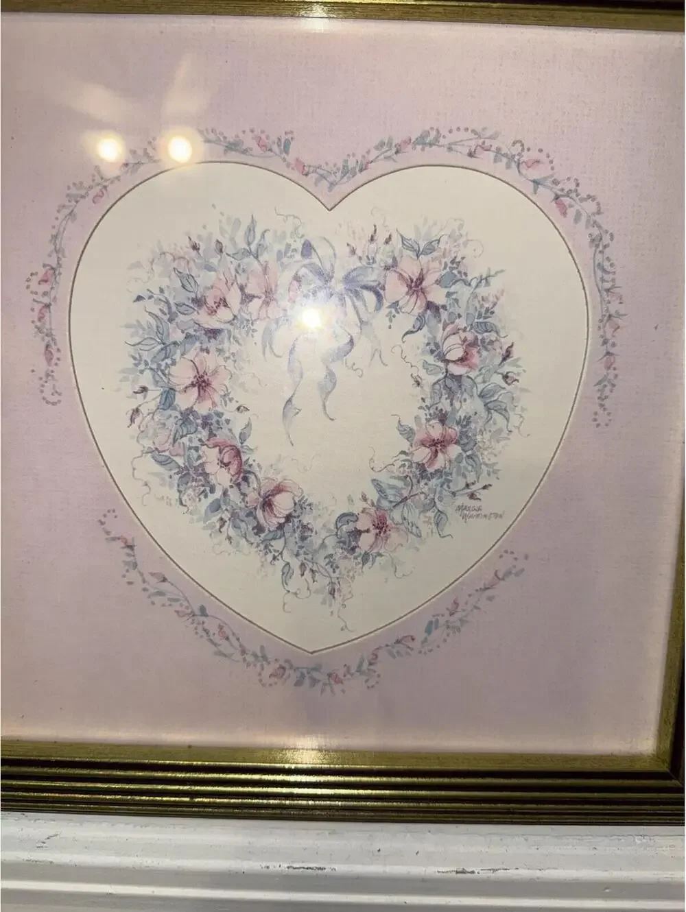 Vintage Home Interiors Floral Heart Picture Gold Toned Frame Cottagecore Decor